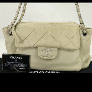 CHANEL CC BEIGE LAMBSKIN WILD STITCH SHOULDER BAG